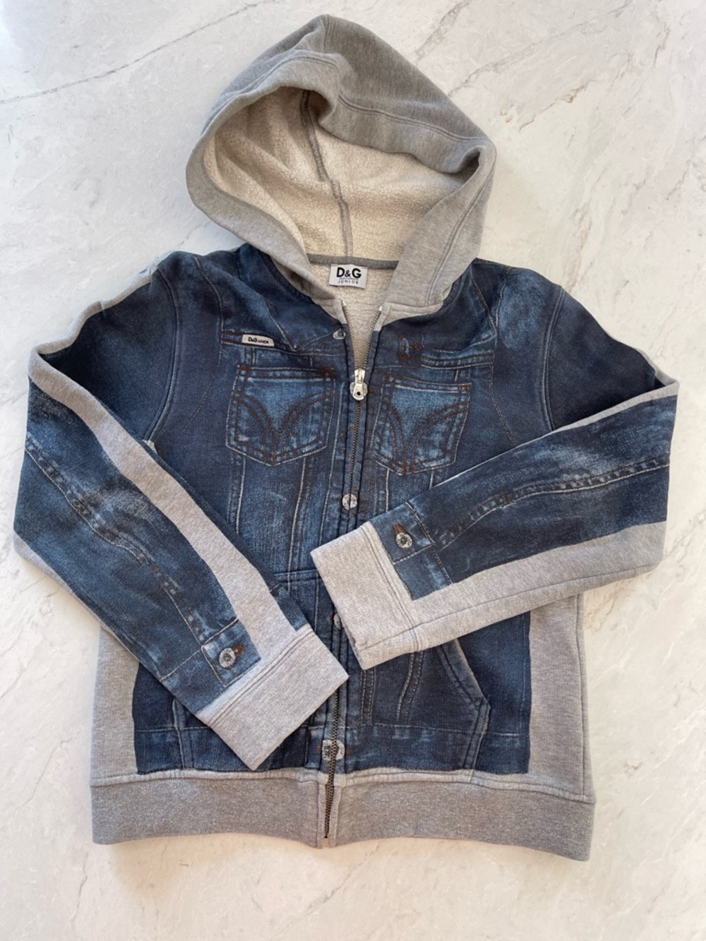 Dolce & Gabbana Junior Denim-Look Hooded Zip Jacket in Blue and Gray, Size 10-12